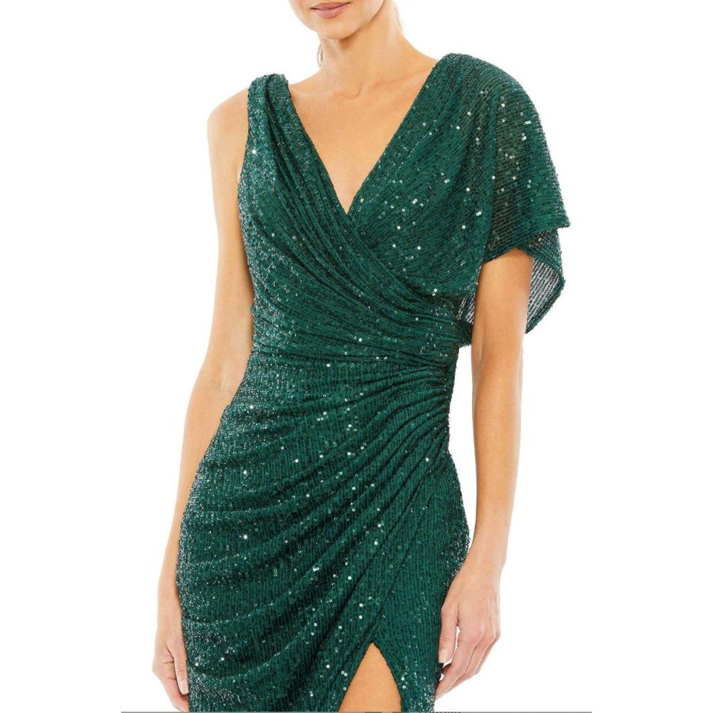Mac Duggal 26988 Sequined Asymmetrical Draped Trumpet Gown Size 14 Green - Picture 2 of 8